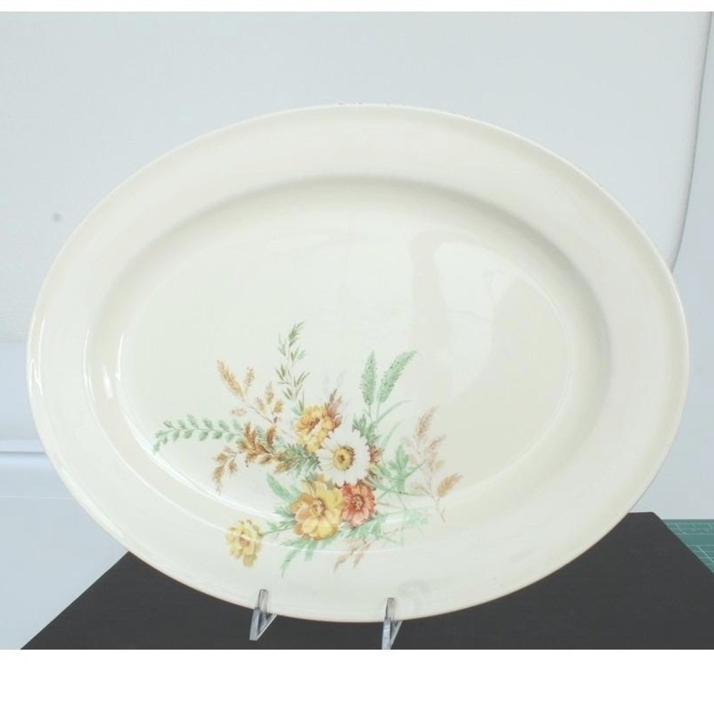Edwin M Knowles Floral Oval Serving Platter Sem Vitreous China Cream 13.5in 1939